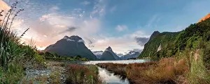 Milford: Mitre Peak and Mount Philipps, sunset, fjord landscape