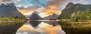 Howse: Mitre Peak reflecting in the water, sunset, Milford