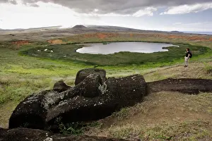 Moai: Moai and crater lake in the caldera of the.Rano
