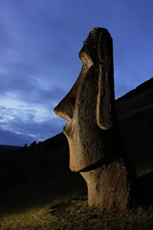 Quarry: Moai at dusk in the quarry of Rano Raraku volcano