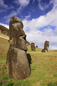 Quarry: Moais in the quarry of Rano Raraku volcano. Easter