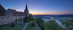 Church: Monastery church Zscheiplitz at sunrise, morning fog in the