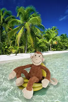 Bananas: Monkey cuddly toy resting on banana in tropical scene