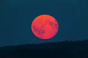 100820: Full Moon - rising above horizon, coloured orange