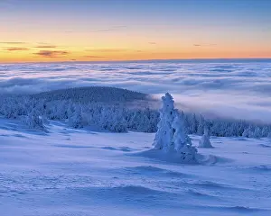 Daybreak: Morning atmosphere on the Brocken, view over snow-covered