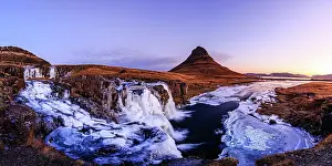 Vesturland: Morning atmosphere at Kirkjufell with waterfall