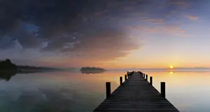 Docks: Morning mood, jetty on Woerthsee Lake, panoramic
