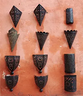 Stalls: Morocco - Displayed lamps at a shop in the souks