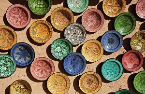 Stalls: Morocco - Displayed pottery in a craft shop in