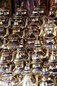 Souk: Morocco - market stall selling ornate teapots