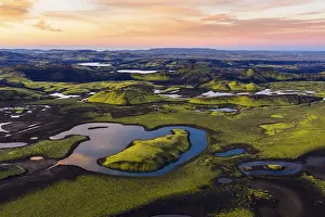 Mosses: Moss-covered landscape and lakes in the Icelandic Highlands