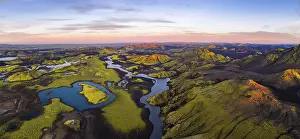 Mosses: Moss-covered landscape and lakes in the Icelandic Highlands