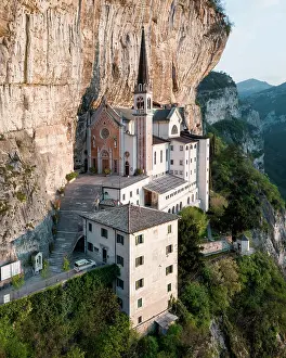 Facade: Mountain church Madonna della Corona, aerial view