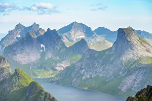 Lofoten: Mountain landscape with steep rocky peaks fjords