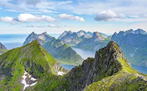 Lofoten: Mountain landscape with steep rocky peaks fjords