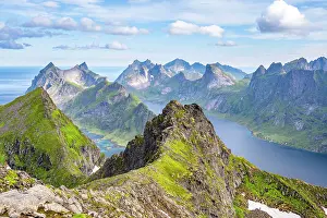 Lofoten: Mountain landscape with steep rocky peaks fjords