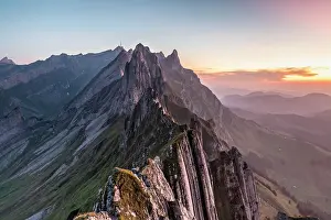 Balancing: Mountain ridge in the Alpstein range in evening