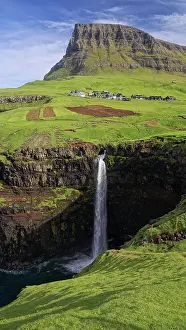 Faroe: Mulafossur, waterfall and village view, Faroe Islands