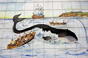Whaling: Mural of small Spanish whaling boat harpooning