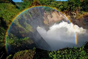 Smoke: Murchison Falls. Top view of the water stream wi