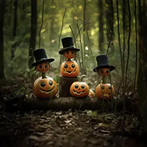 Generated: Mystical Halloween pumpkins with top hats in a dark