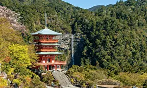 Honshu: Nachi waterfall behind pagoda of Seigantoji Temple