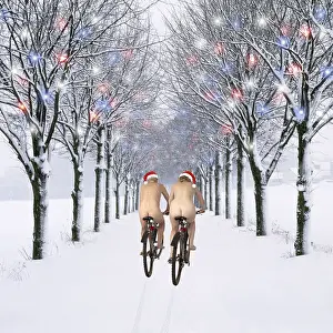 Bicycle: Naked couple in Christmas hats cycling down tree-lined