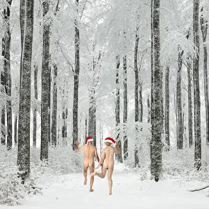 Naked: Naked couple wearing Christmas hats dancing through