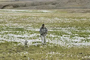 Scientists: Naturalist and his dog in Cottongrass Island Somerset Canada