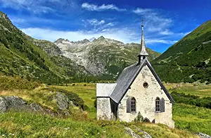 Furka: Neo-Gothic chapel, glacier at the Furka Pass, Valais