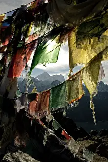 Prayer: Nepal, Gokyo Ri. Prayer flags on the summit