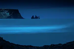 Landform: Night Ocean seen from a concave rock, Vik, Iceland