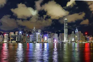 Victoria: Night view of Victoria Harbour and Skyline with lights, Hong