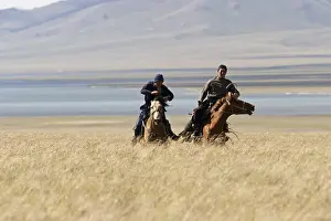 Peoples: Nomadic horsemen playing in a meadow in Kyrgyzstan