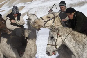 Peoples: Nomadic horsemen playing Ulach Taricht in Kyrgyzstan
