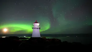 Filled: Northern lights, aurora borealis, lighthouse near