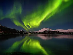 Fjord: Northern lights over the Salangen Fjord near Sjovegan in