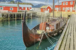 Wooden: Norway, Lofoten Islands. Ballstadoy from across the lake