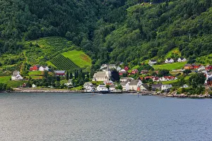 Cruise: Norway, Norwegian Fjords. Seaside village, church, red barns