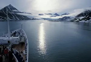 Waterway: Norway, Svalbard. Vessel approaching Magdalena