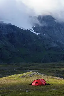 Tent: Norway, Troms, Isdalen. Campsite on arctic