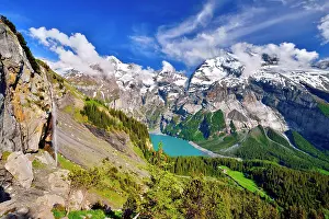 Bern: Oeschinen Lake with Bernese Alps with Bl&, x25b6ca73;alp