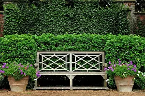 Helix: Old garden bench with two flower buckets in the
