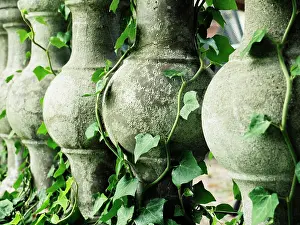 Railing: Old ivy-covered stone balustrade in a garden, Bad