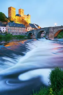 Hessian: Old Lahn Bridge at dusk, Lahn river, Runkel an der