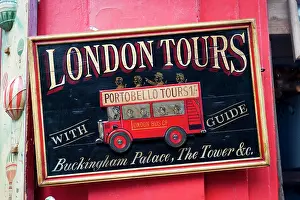 London: Old sign London Tours, antiques shop, Portobello