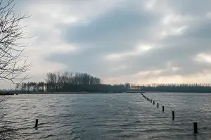 Poles: Overview of a lake with wooden poles in the water