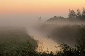 Lauwersmeer: Overview of landscape with viewpoint Blikplaatgat at sunrise