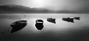 Boats: Panorama, black and white, morning mood with fog at the Edersee