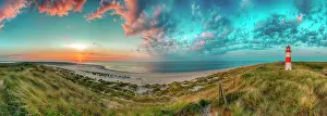 Frisian: Panorama at the elbow with sunset and lighthouse